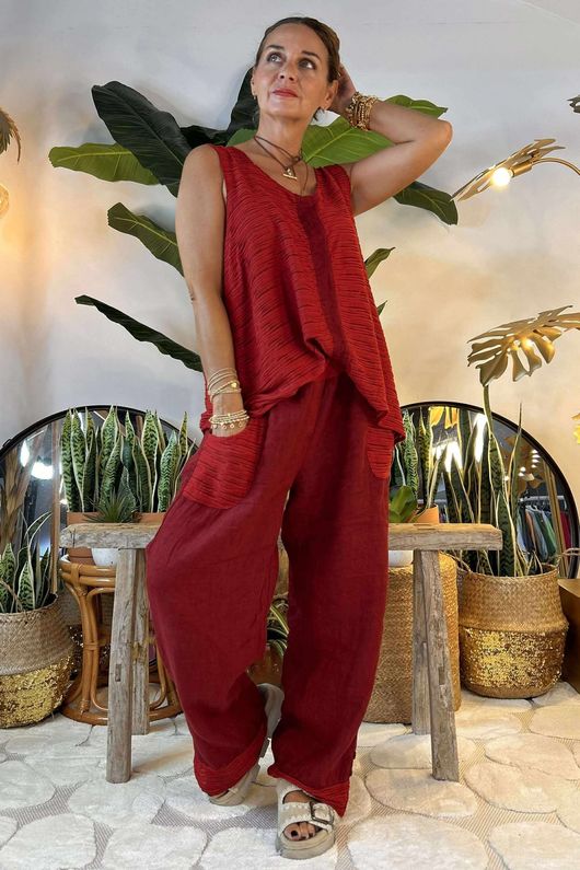 Made in Italy Benji Linen Panel Wave Vest Chilli Pepper /11 = 